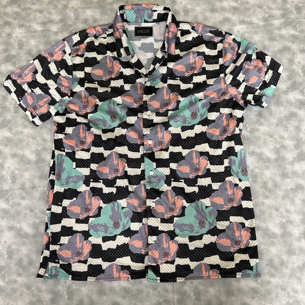 Valor Collective RetroFlower Checker Print Button Up‎ Short Sleeve Shirt L